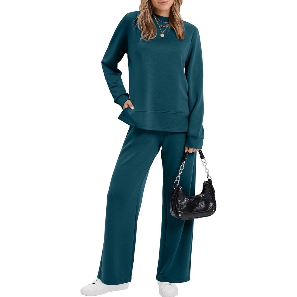 imageXIEERDUO Womens Side Slit Lounge Sets 2 Piece Outfits Mock Neck Tracksuit Fashion Sweatsuit Wide Leg Loungewear S3XLTeal
