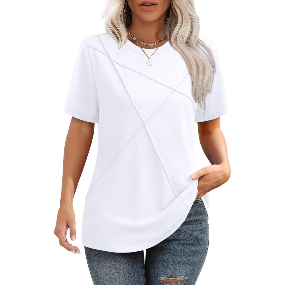 imageXIEERDUO Womens Summer Tops 2025 Pleated Round Neck Short Sleeve Shirts Business CasualA White