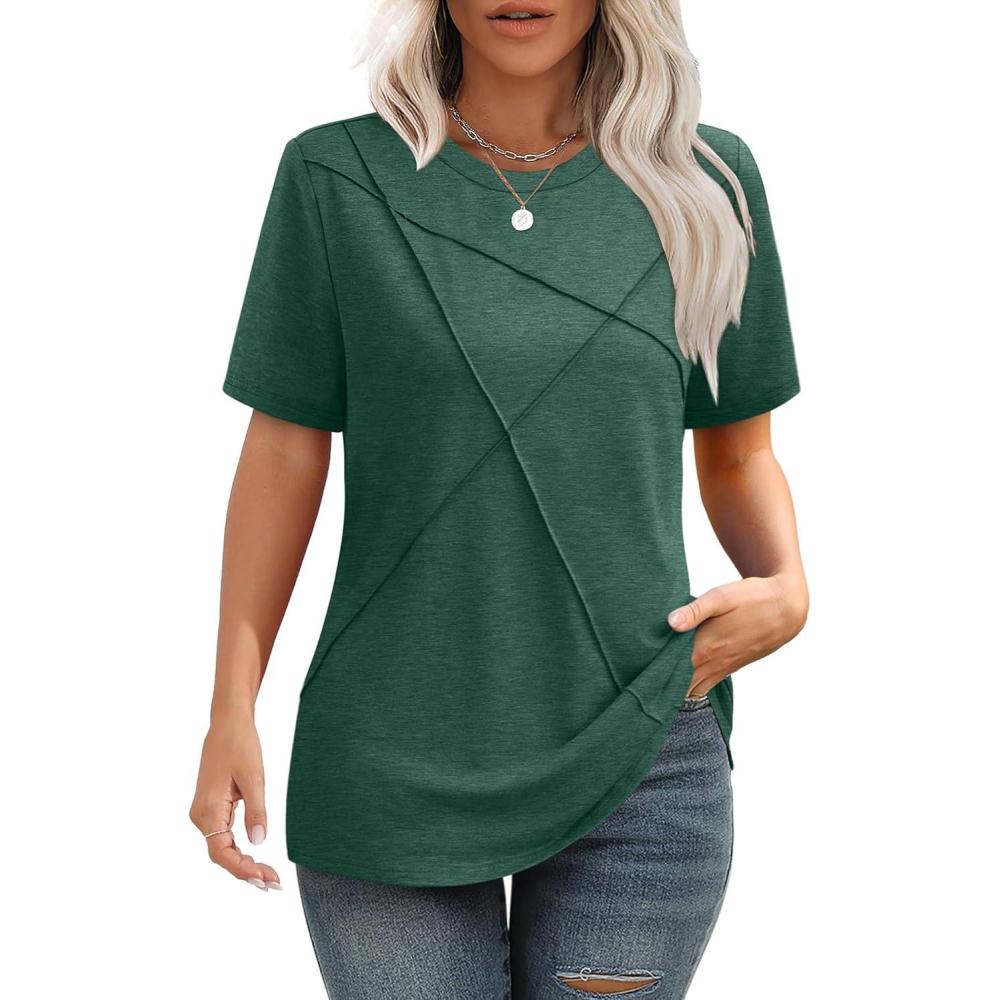 imageXIEERDUO Womens Summer Tops 2025 Pleated Round Neck Short Sleeve Shirts Business CasualGreen