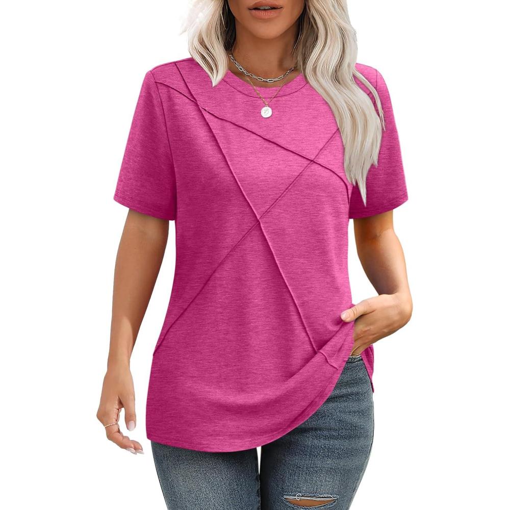 imageXIEERDUO Womens Summer Tops 2025 Pleated Round Neck Short Sleeve Shirts Business CasualHot Pink
