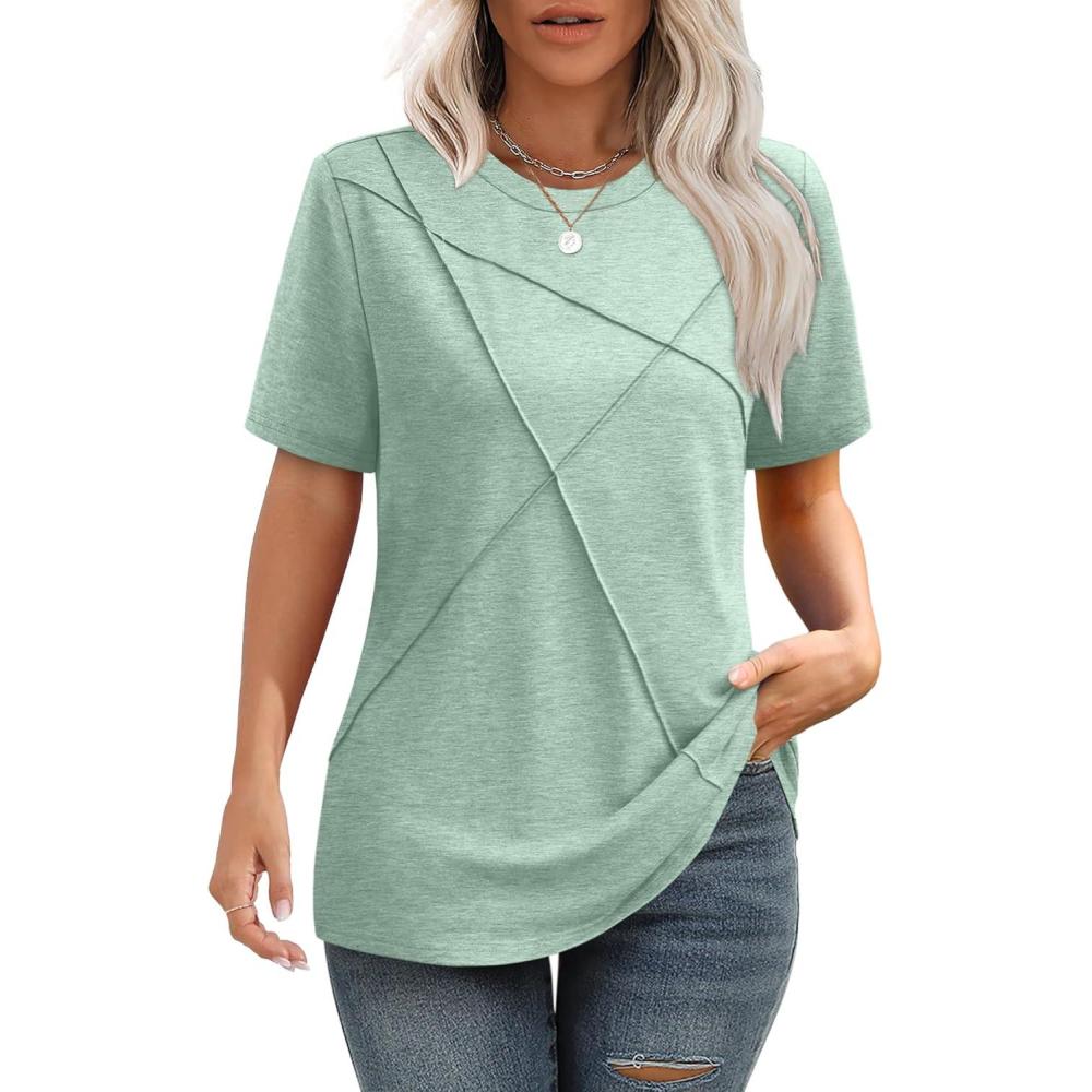 imageXIEERDUO Womens Summer Tops 2025 Pleated Round Neck Short Sleeve Shirts Business CasualLight Green