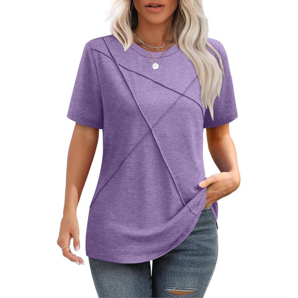 imageXIEERDUO Womens Summer Tops 2025 Pleated Round Neck Short Sleeve Shirts Business CasualPurple