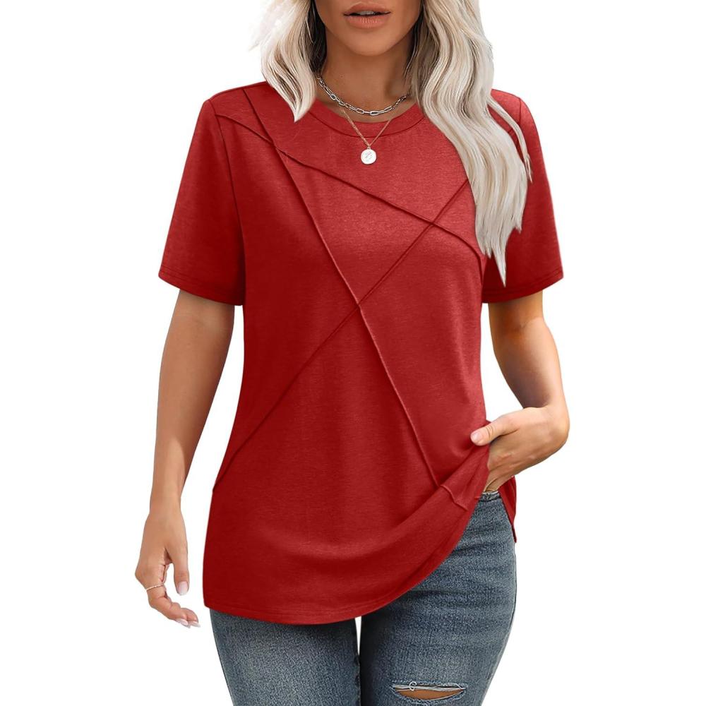 imageXIEERDUO Womens Summer Tops 2025 Pleated Round Neck Short Sleeve Shirts Business CasualRed