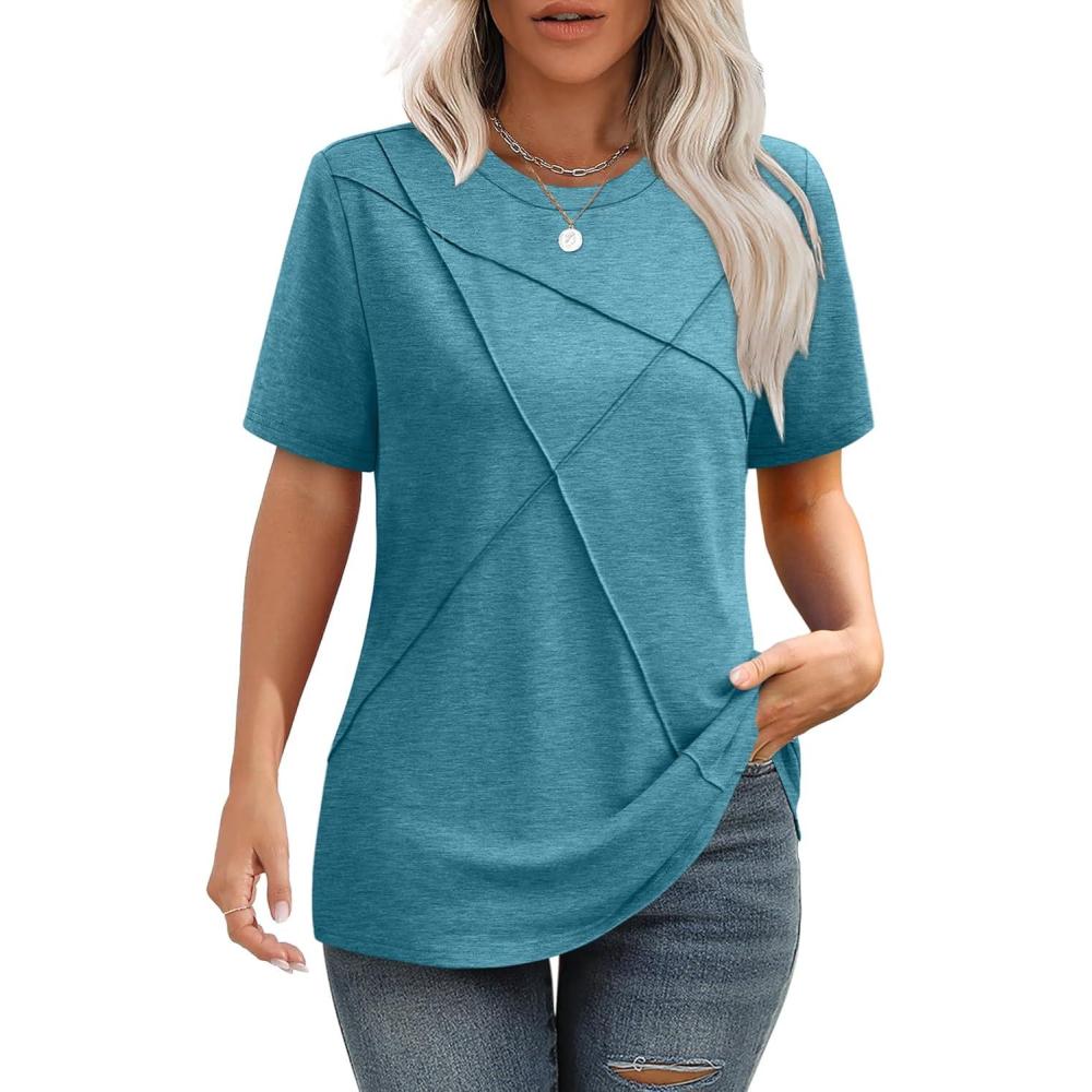 imageXIEERDUO Womens Summer Tops 2025 Pleated Round Neck Short Sleeve Shirts Business CasualTurquoise