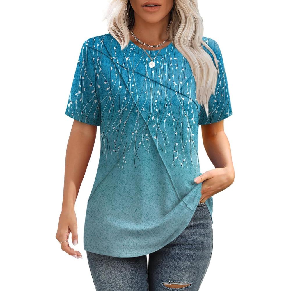 imageXIEERDUO Womens Summer Tops 2025 Pleated Round Neck Short Sleeve Shirts Business CasualZ Blue Striped