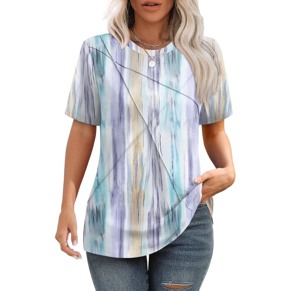 imageXIEERDUO Womens Summer Tops 2025 Pleated Round Neck Short Sleeve Shirts Business CasualZ Colorful Striped