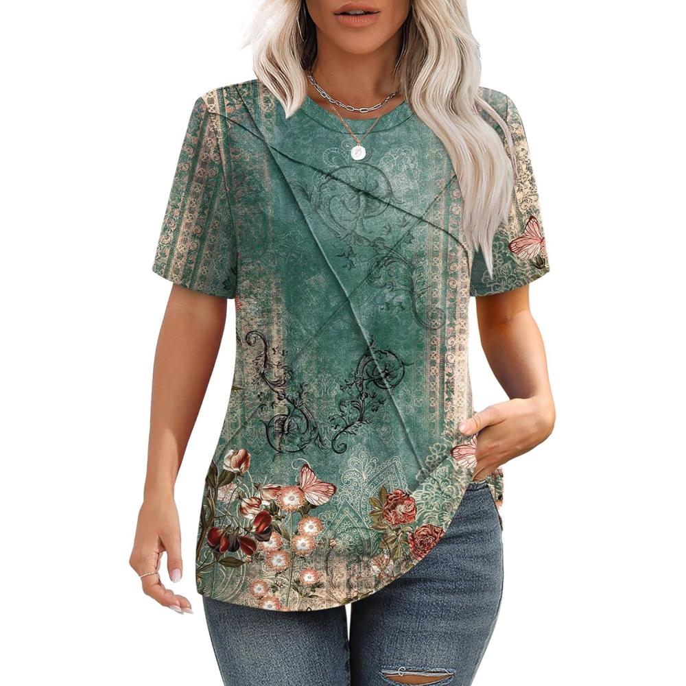 imageXIEERDUO Womens Summer Tops 2025 Pleated Round Neck Short Sleeve Shirts Business CasualZ Floral Green