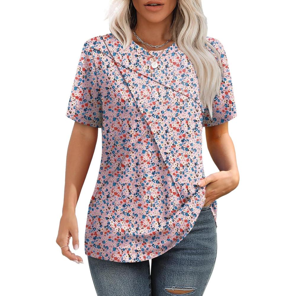 imageXIEERDUO Womens Summer Tops 2025 Pleated Round Neck Short Sleeve Shirts Business CasualZ Floral Pink