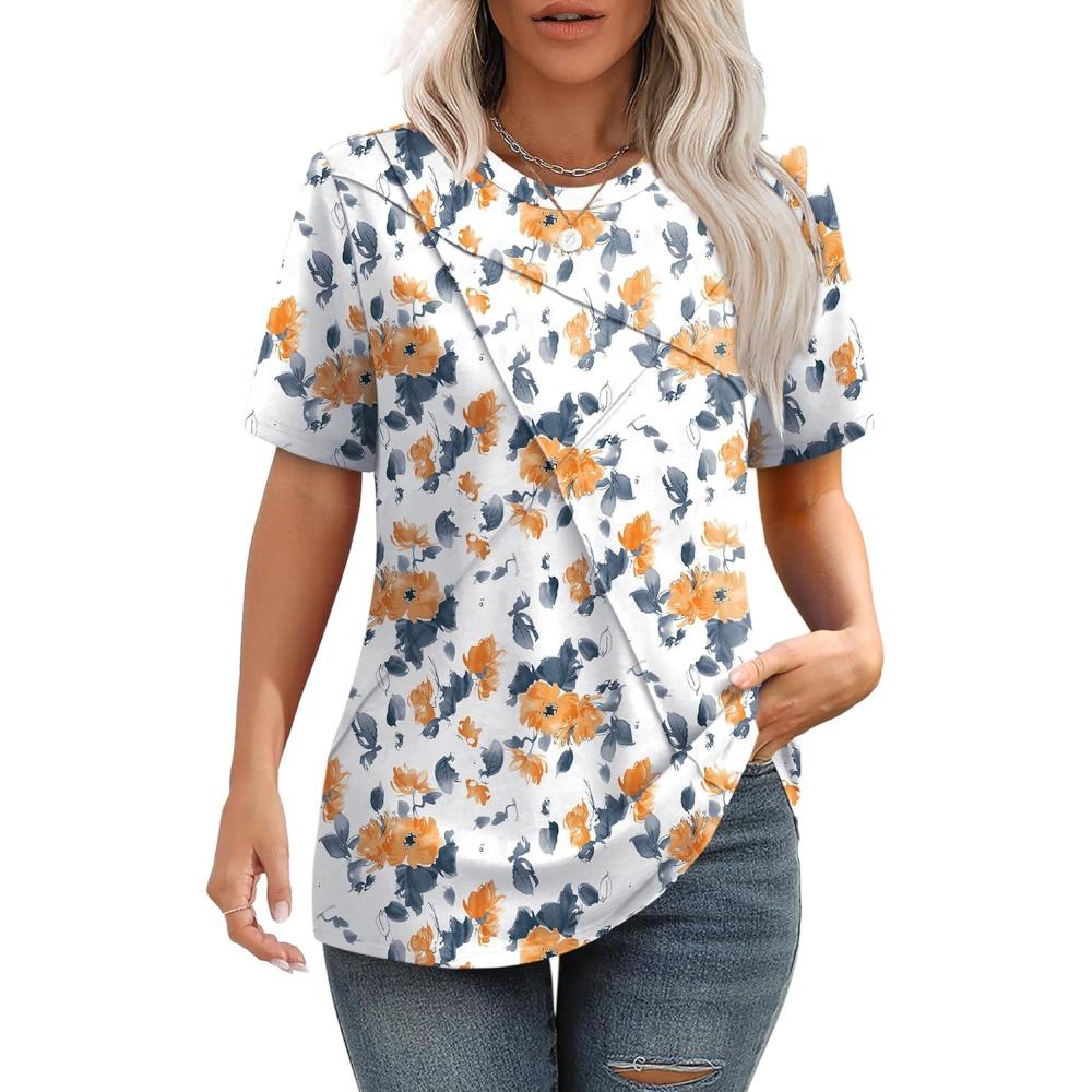 imageXIEERDUO Womens Summer Tops 2025 Pleated Round Neck Short Sleeve Shirts Business CasualZ Floral Yellow