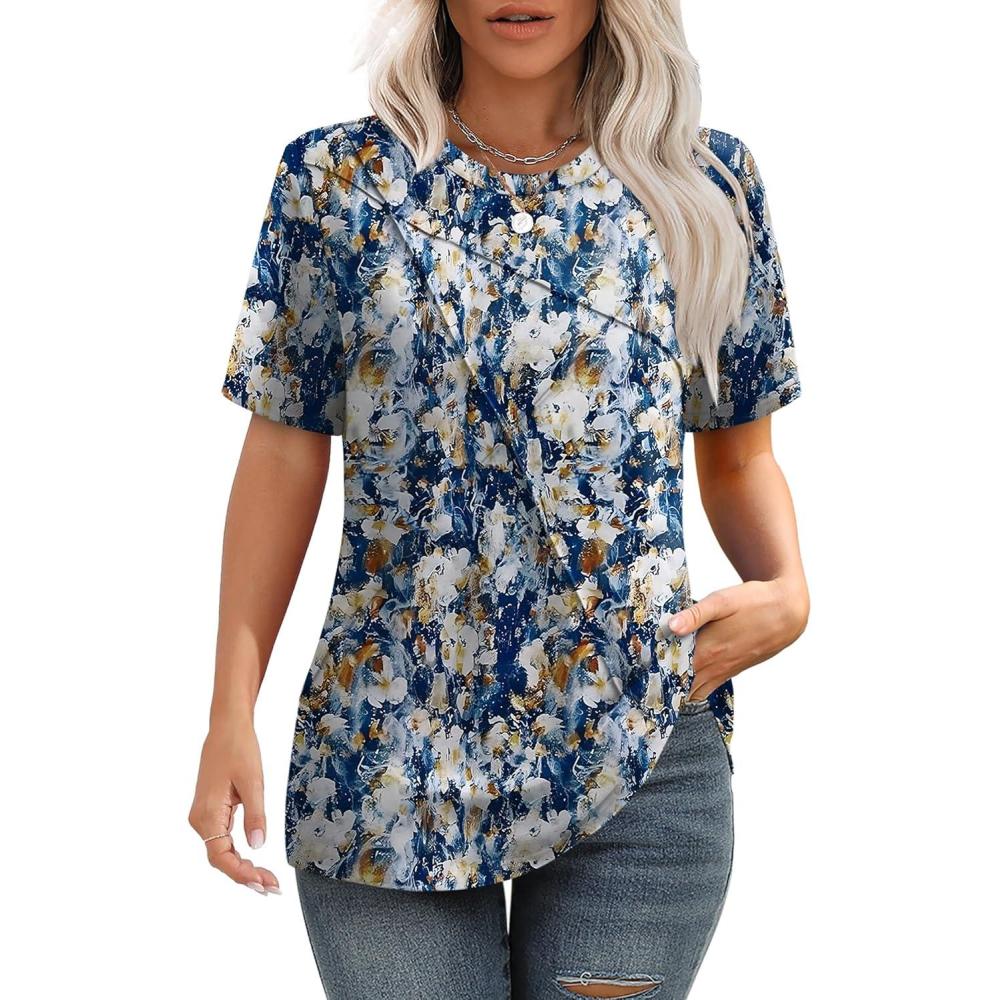 imageXIEERDUO Womens Summer Tops 2025 Pleated Round Neck Short Sleeve Shirts Business CasualZ Multi Blue