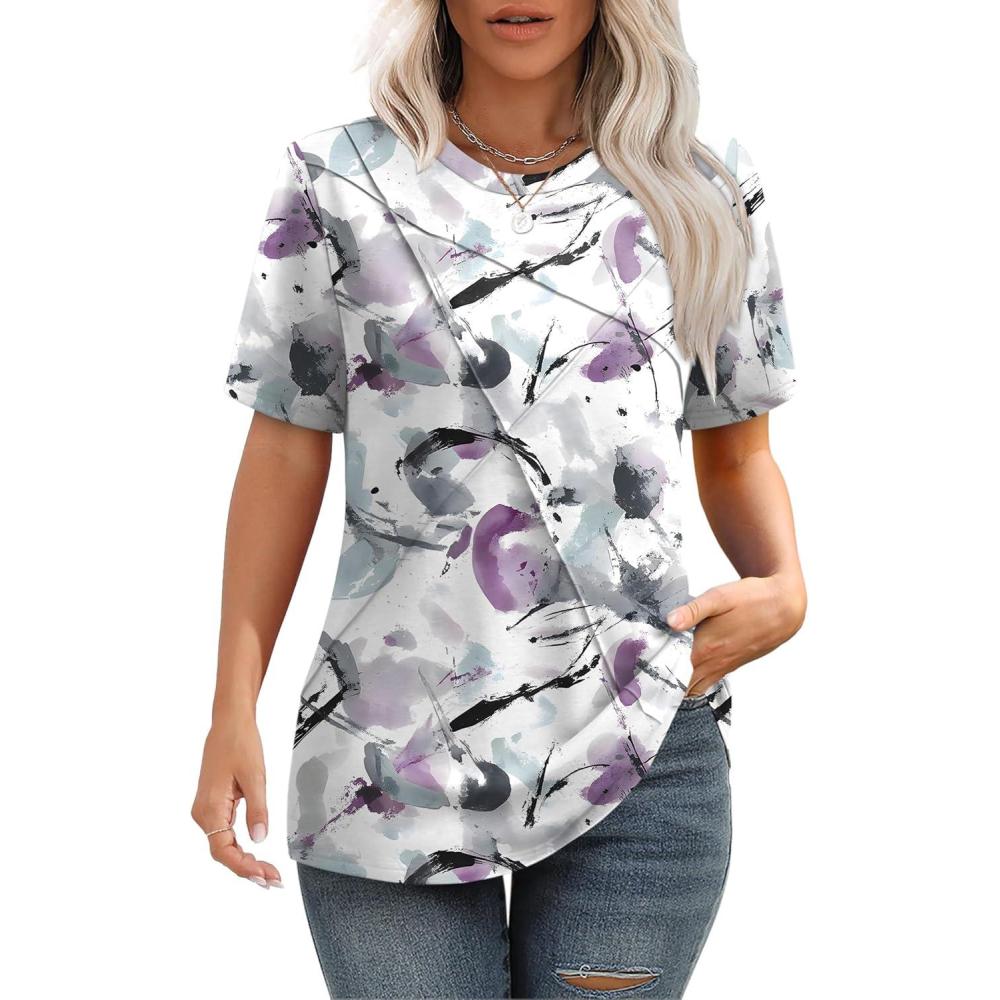 imageXIEERDUO Womens Summer Tops 2025 Pleated Round Neck Short Sleeve Shirts Business CasualZ Multi Purple