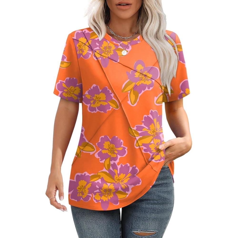 imageXIEERDUO Womens Summer Tops 2025 Pleated Round Neck Short Sleeve Shirts Business CasualZ Orange Floral