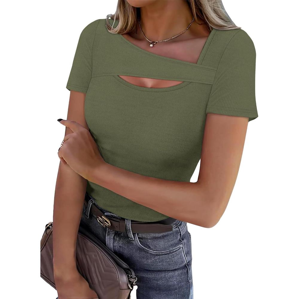 imageXIEERDUO Womens Summer Tops Short Sleeve Shirts for Women Sexy Tops Y2K Shirts One Piece Cutout TopsArmy Green