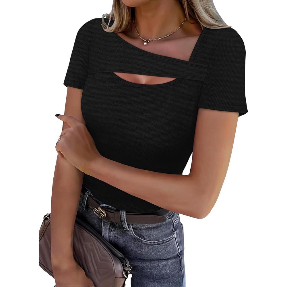 imageXIEERDUO Womens Summer Tops Short Sleeve Shirts for Women Sexy Tops Y2K Shirts One Piece Cutout TopsBlack