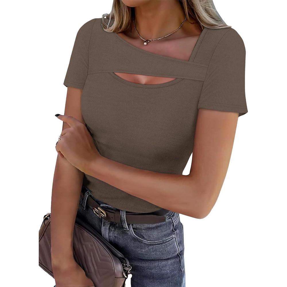 imageXIEERDUO Womens Summer Tops Short Sleeve Shirts for Women Sexy Tops Y2K Shirts One Piece Cutout TopsBrown