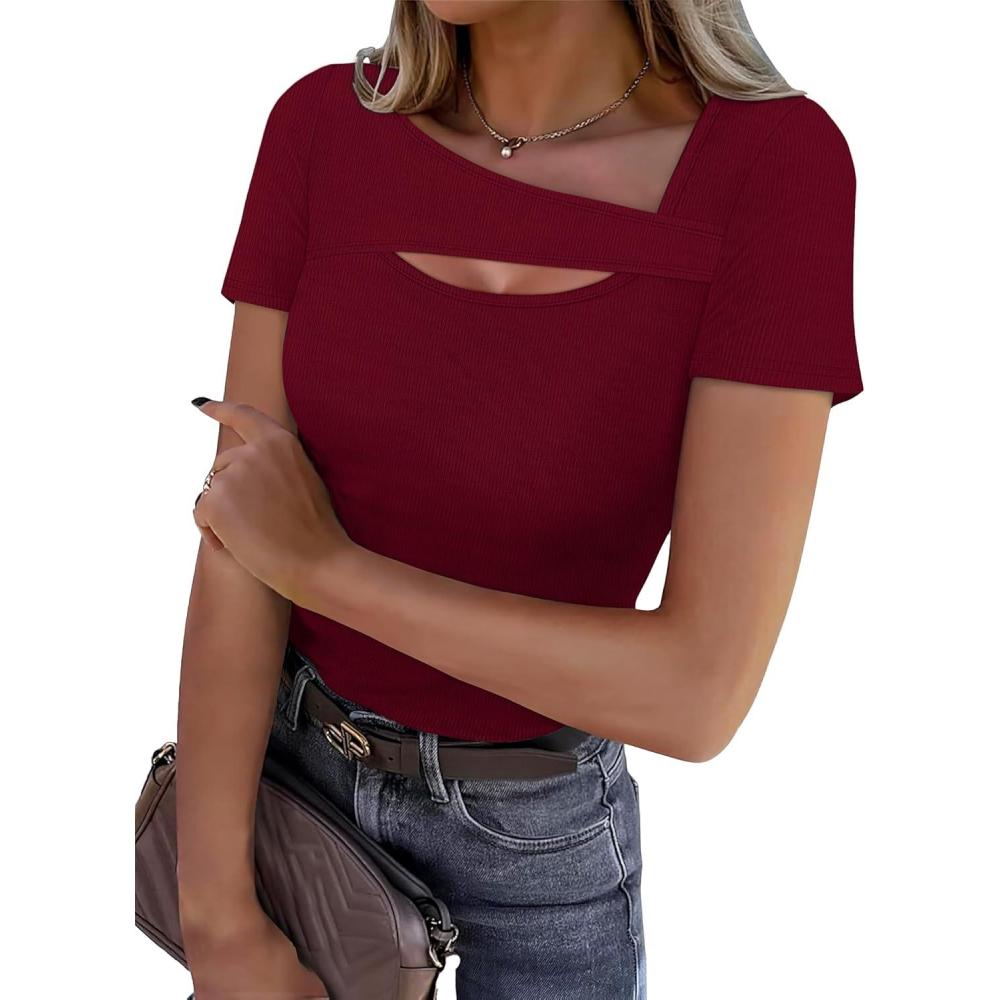 imageXIEERDUO Womens Summer Tops Short Sleeve Shirts for Women Sexy Tops Y2K Shirts One Piece Cutout TopsDark Red