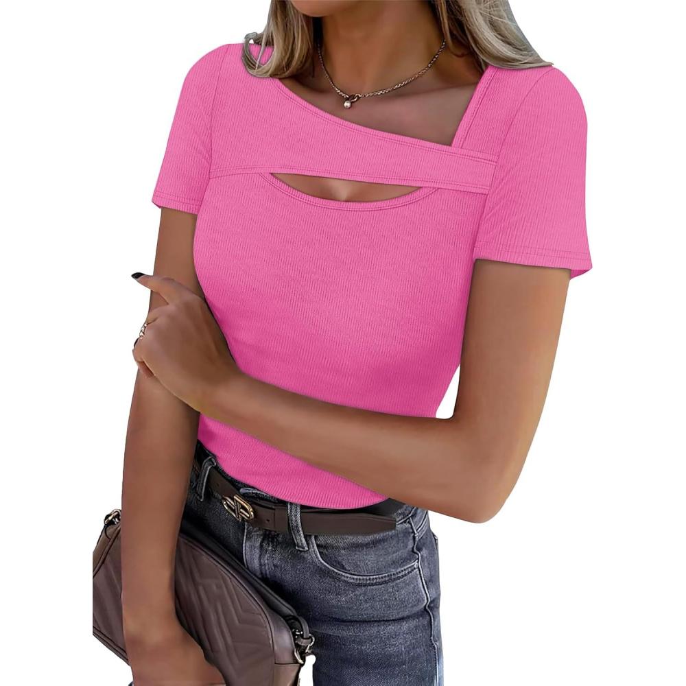 imageXIEERDUO Womens Summer Tops Short Sleeve Shirts for Women Sexy Tops Y2K Shirts One Piece Cutout TopsHot Pink