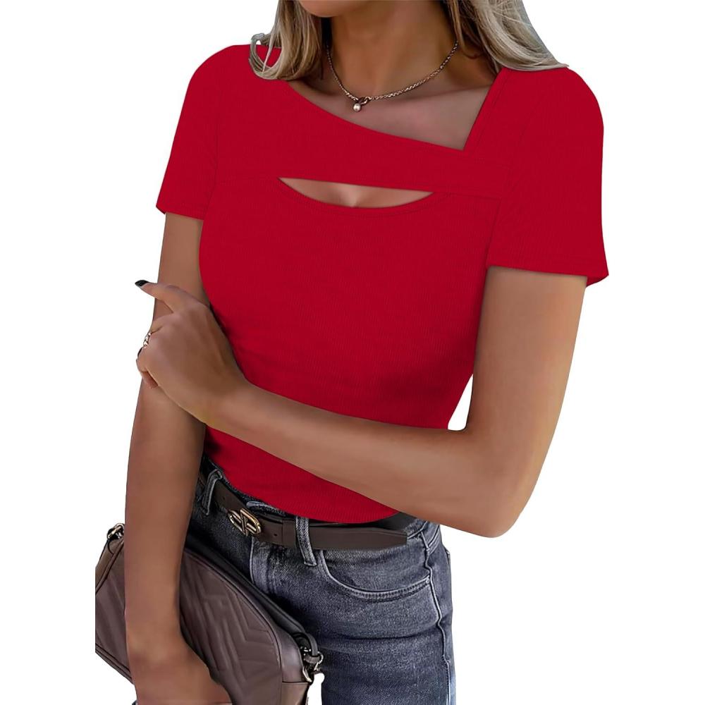 imageXIEERDUO Womens Summer Tops Short Sleeve Shirts for Women Sexy Tops Y2K Shirts One Piece Cutout TopsRed