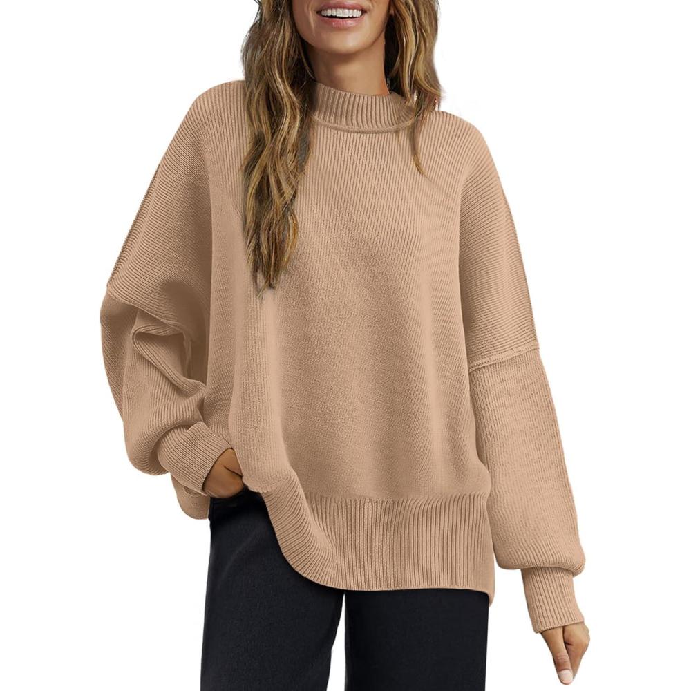 imageXIEERDUO Womens Sweaters Knit Crewneck Fall Fashion 2023 Oversized Sweater Pullover Tops Khaki L