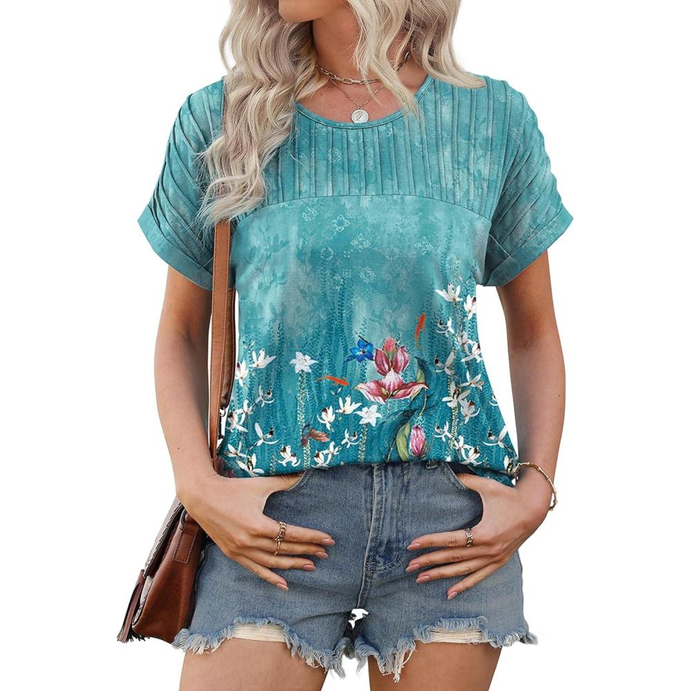 imageXIEERDUO Womens T Shirts Casual Summer Tops Pleated Crewneck Short Sleeve Blouses Trendy Beach Vacation ClothesZ Floral Green