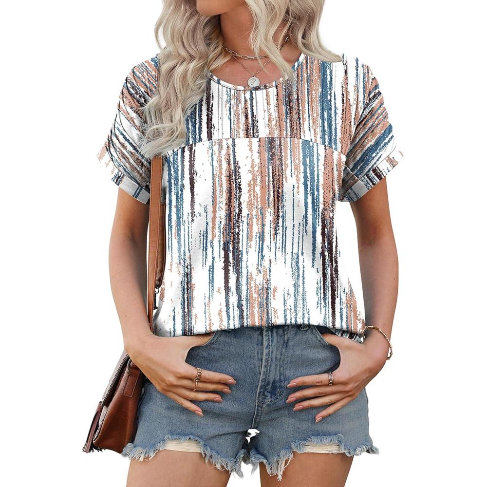 imageXIEERDUO Womens T Shirts Casual Summer Tops Pleated Crewneck Short Sleeve Blouses Trendy Beach Vacation ClothesZ Tie Dye