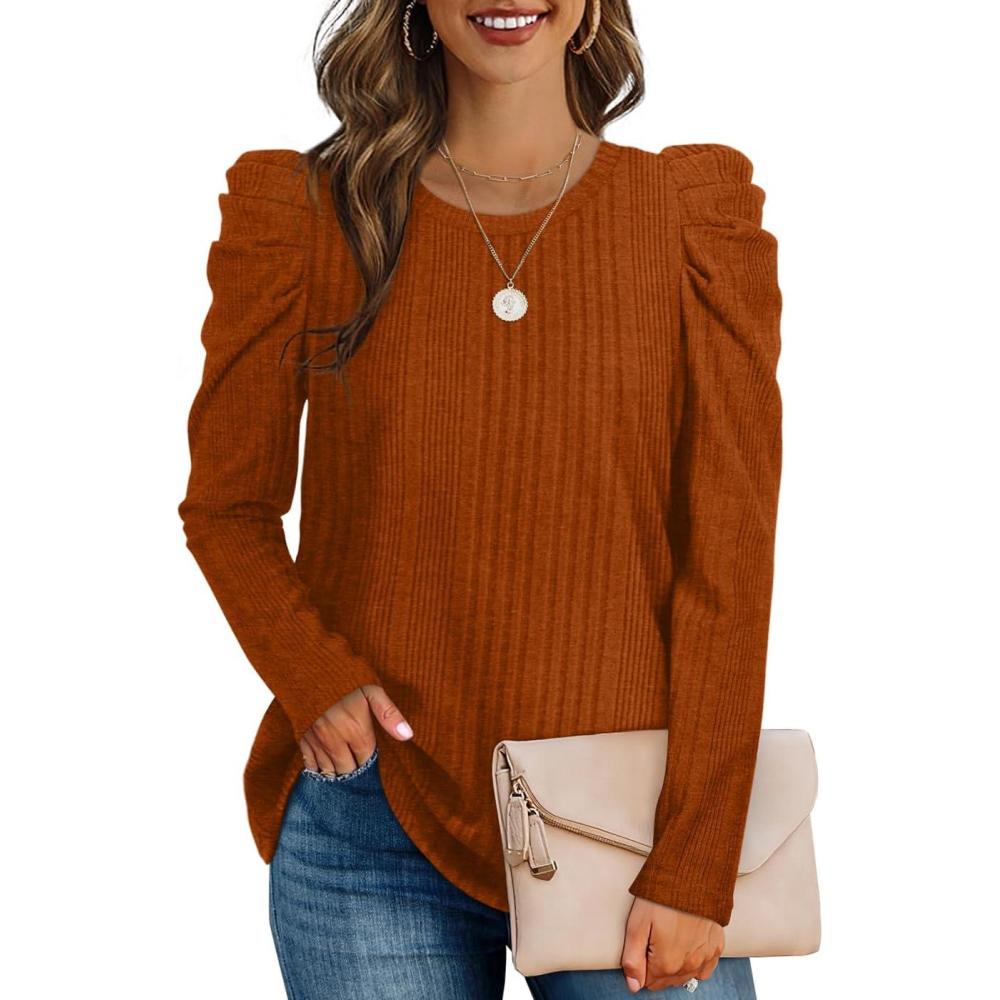 imageXIEERDUO Womens Tops Dressy Casual Crewneck Cute Shirts Puff Sleeve Tunic Tops