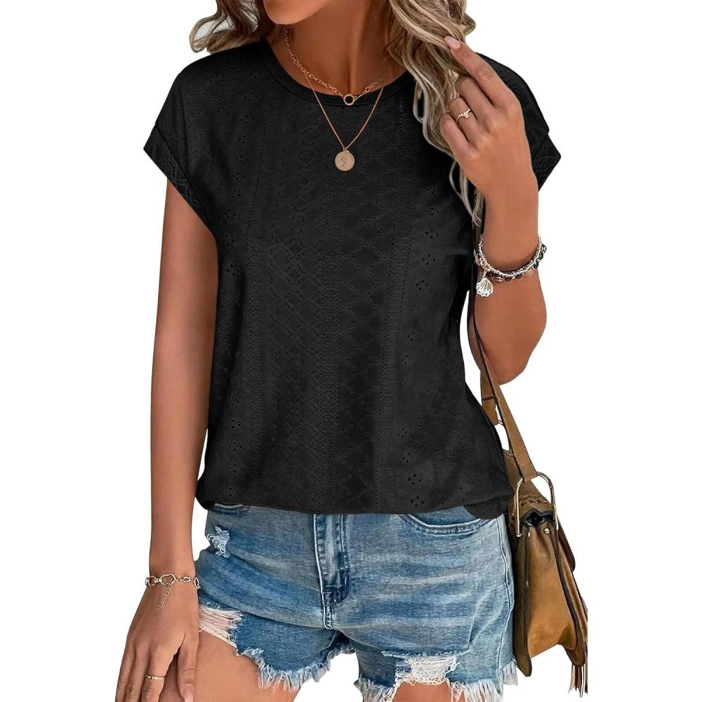 imageXIEERDUO Womens Tops Short Sleeve Shirts Blouses for Women Dressy Casual Cap Sleeve Tops with Curved HemBblack