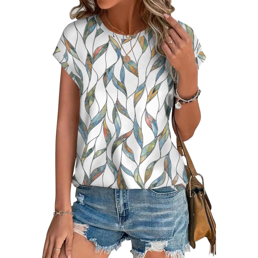 imageXIEERDUO Womens Tops Short Sleeve Shirts Blouses for Women Dressy Casual Cap Sleeve Tops with Curved HemCcolorful Leaf
