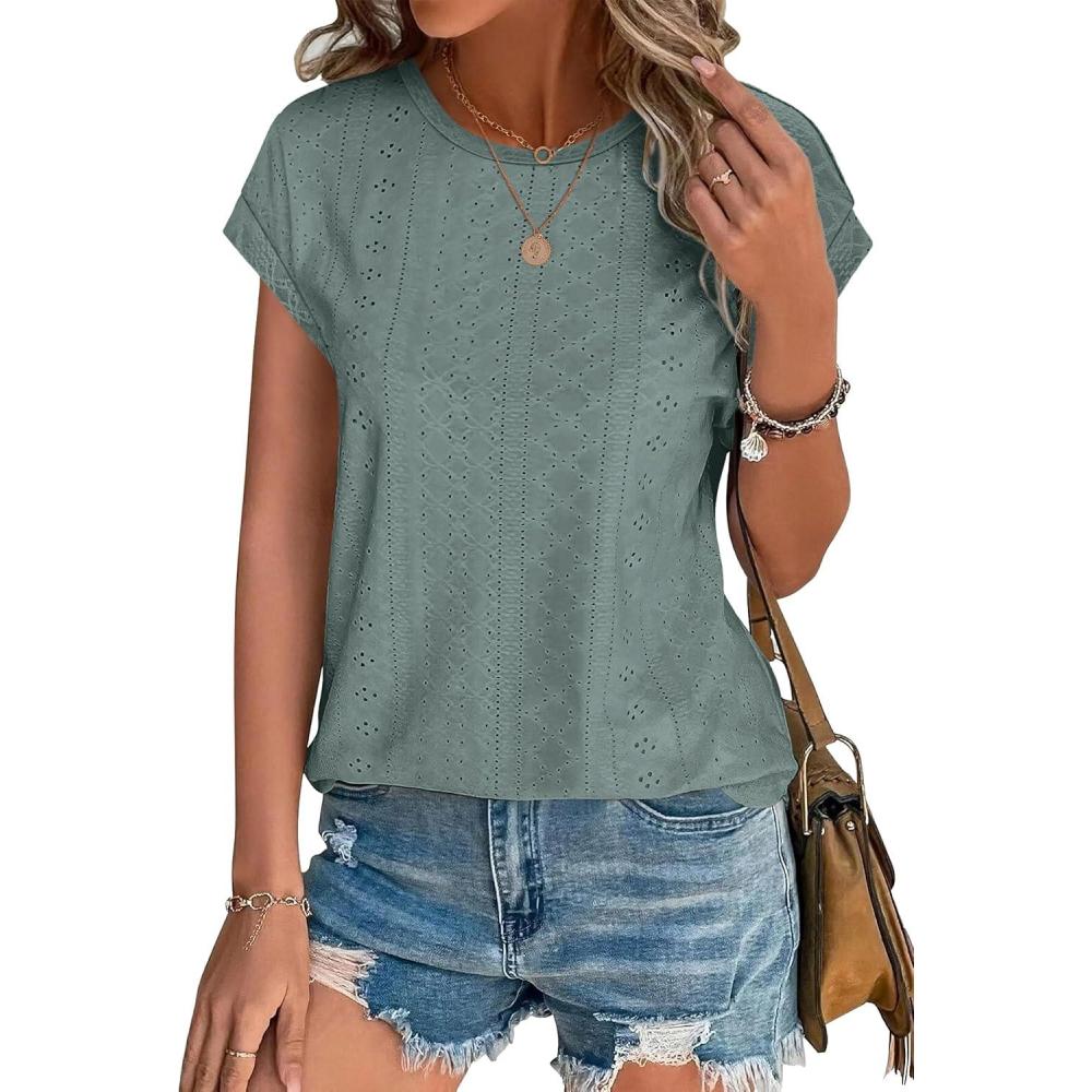 imageXIEERDUO Womens Tops Short Sleeve Shirts Blouses for Women Dressy Casual Cap Sleeve Tops with Curved HemEgreen Blue