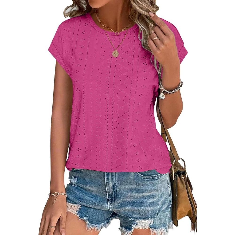 imageXIEERDUO Womens Tops Short Sleeve Shirts Blouses for Women Dressy Casual Cap Sleeve Tops with Curved HemFhot Pink