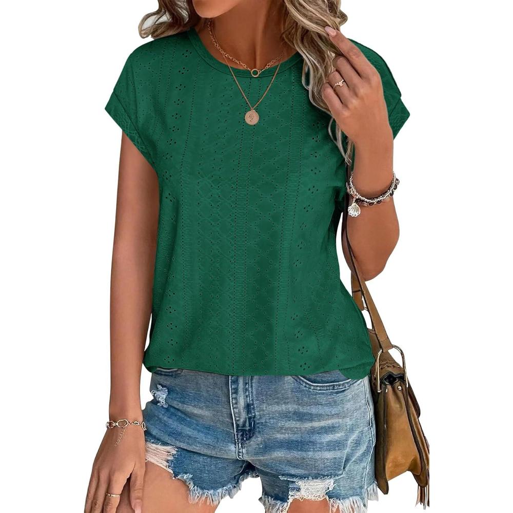 imageXIEERDUO Womens Tops Short Sleeve Shirts Blouses for Women Dressy Casual Cap Sleeve Tops with Curved HemGgreen