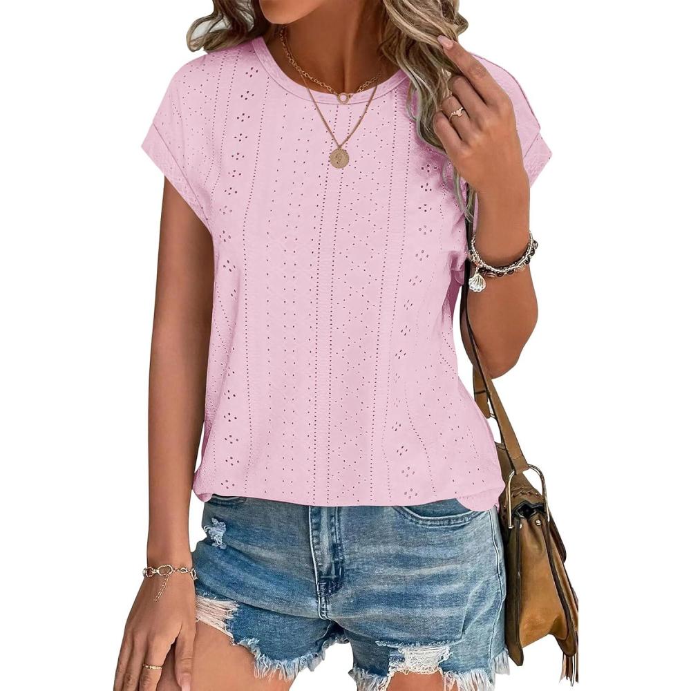 imageXIEERDUO Womens Tops Short Sleeve Shirts Blouses for Women Dressy Casual Cap Sleeve Tops with Curved HemIlight Pink