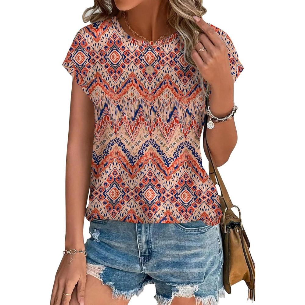 imageXIEERDUO Womens Tops Short Sleeve Shirts Blouses for Women Dressy Casual Cap Sleeve Tops with Curved HemJboho Print