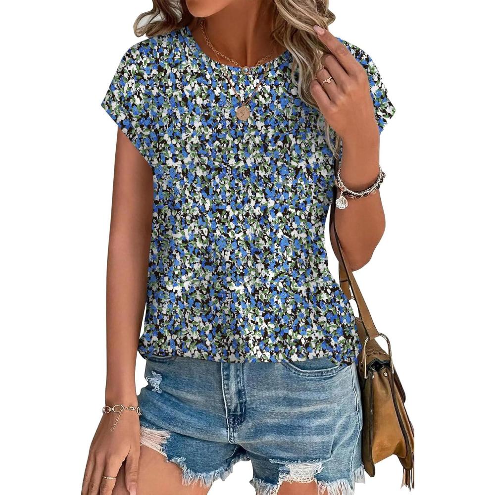 imageXIEERDUO Womens Tops Short Sleeve Shirts Blouses for Women Dressy Casual Cap Sleeve Tops with Curved HemKblue Floral