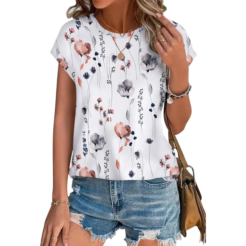 imageXIEERDUO Womens Tops Short Sleeve Shirts Blouses for Women Dressy Casual Cap Sleeve Tops with Curved HemNwhite Flower