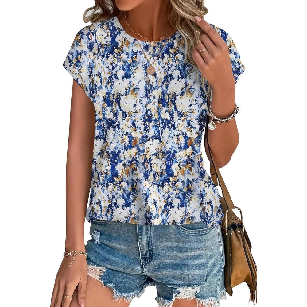 imageXIEERDUO Womens Tops Short Sleeve Shirts Blouses for Women Dressy Casual Cap Sleeve Tops with Curved HemOblue Yellow Print