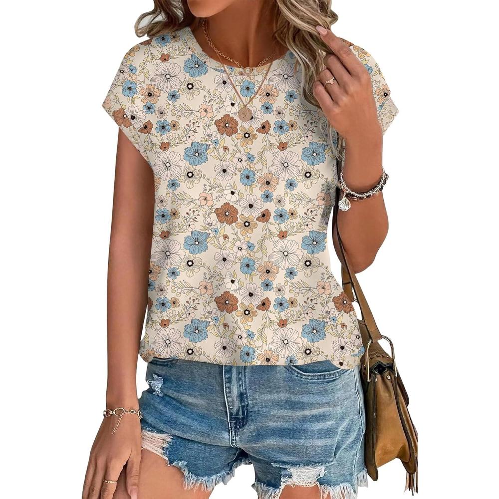 imageXIEERDUO Womens Tops Short Sleeve Shirts Blouses for Women Dressy Casual Cap Sleeve Tops with Curved HemPpink Blue Flower