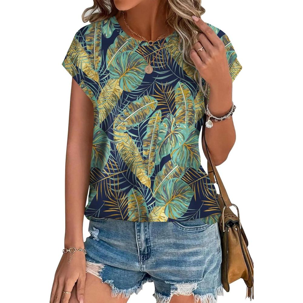 imageXIEERDUO Womens Tops Short Sleeve Shirts Blouses for Women Dressy Casual Cap Sleeve Tops with Curved HemRpalm Leaf