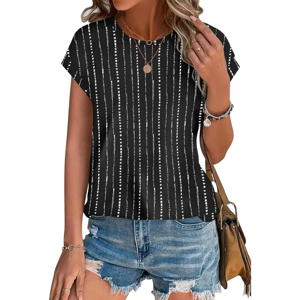 imageXIEERDUO Womens Tops Short Sleeve Shirts Blouses for Women Dressy Casual Cap Sleeve Tops with Curved HemXblack Stripes
