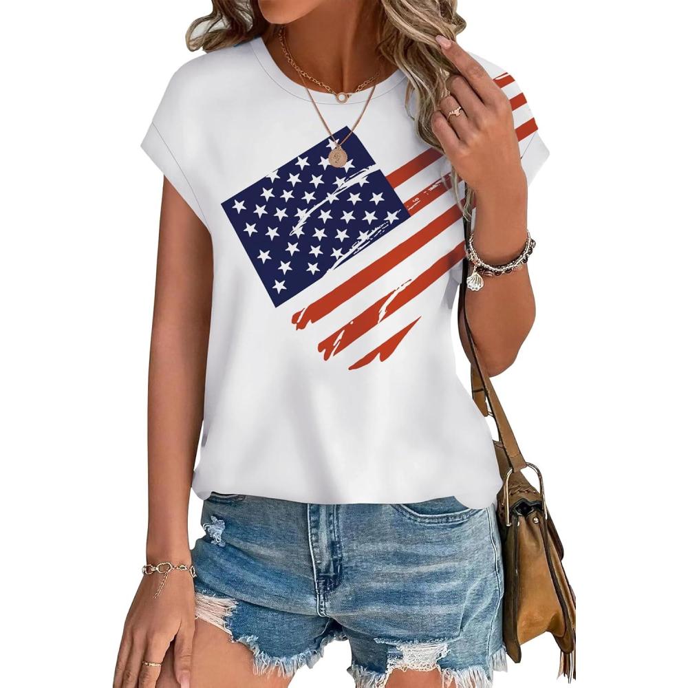 imageXIEERDUO Womens Tops Short Sleeve Shirts Blouses for Women Dressy Casual Cap Sleeve Tops with Curved HemXflag