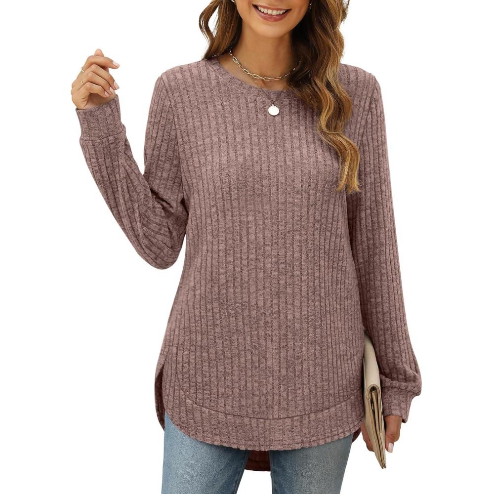 imageXIEERDUO Womens Tunic Tops Long Sleeve Shirts High Low Curved Hem Crewneck Sweater Loose FitRosybrown