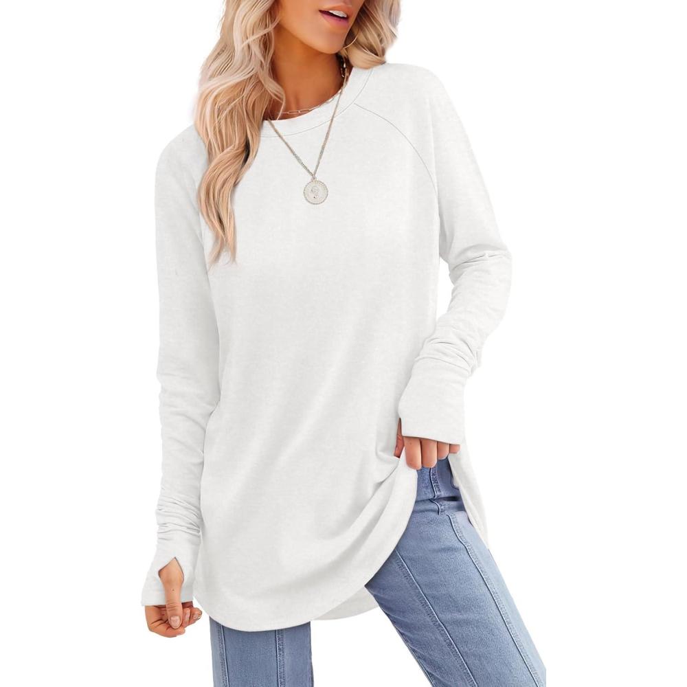 imageXIEERDUO Womens Tunic Tops to Wear with Leggings Long Sleeve Thumb Hole Shirts Crew Neck Curved HemAwhite