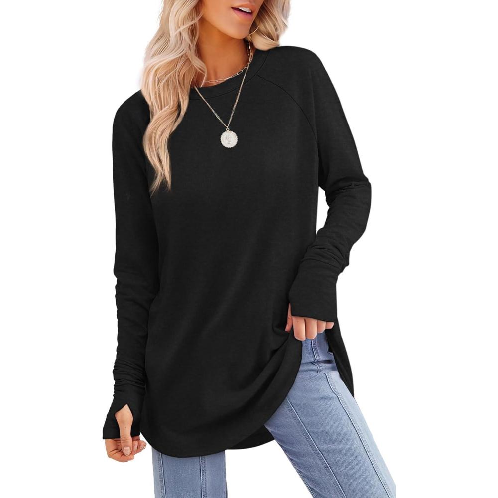 imageXIEERDUO Womens Tunic Tops to Wear with Leggings Long Sleeve Thumb Hole Shirts Crew Neck Curved HemBblack