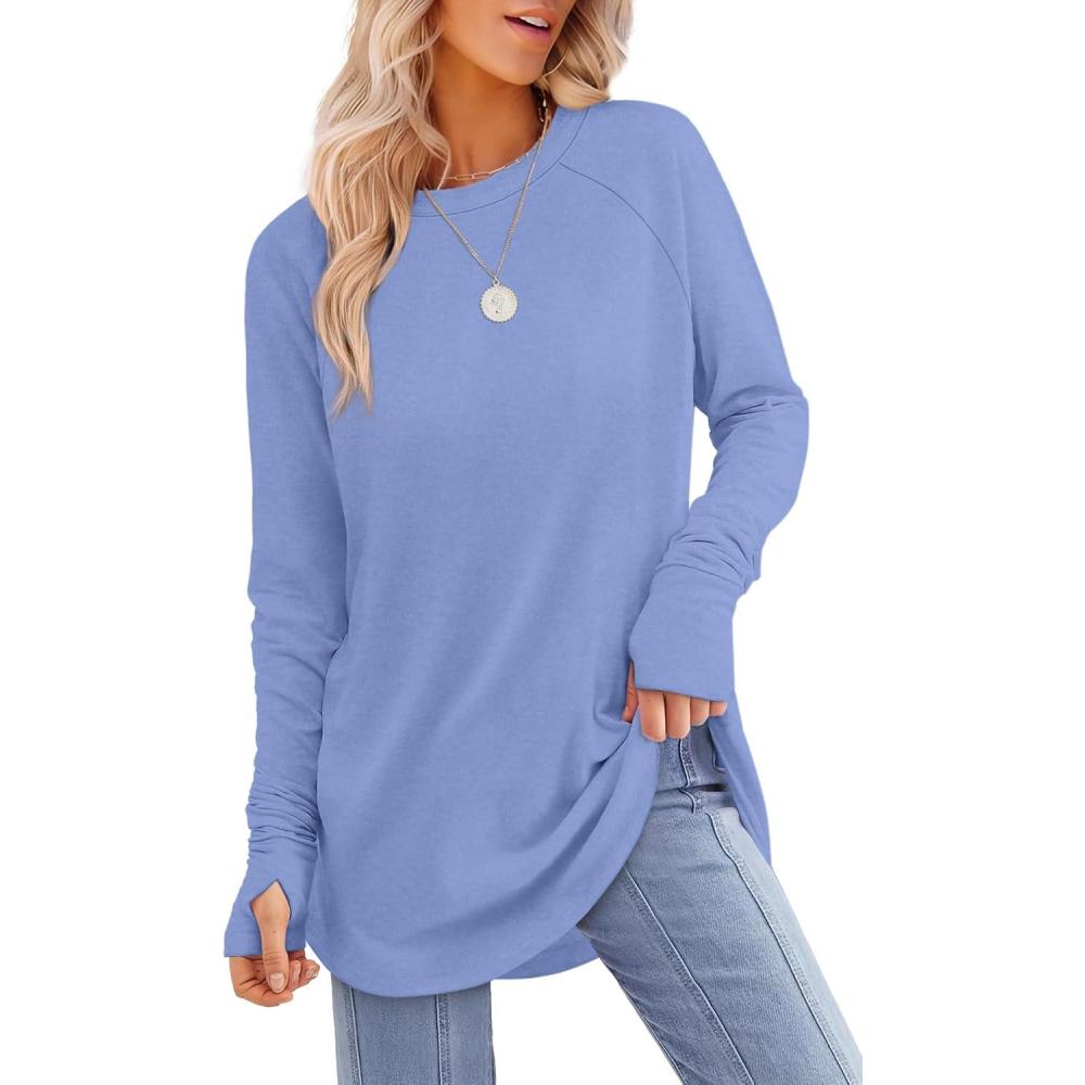 imageXIEERDUO Womens Tunic Tops to Wear with Leggings Long Sleeve Thumb Hole Shirts Crew Neck Curved HemNlight Blue