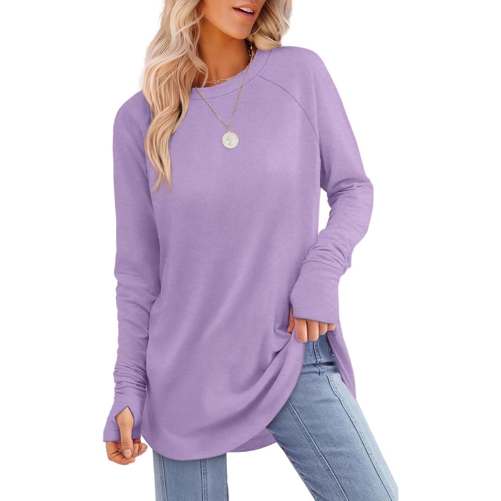 imageXIEERDUO Womens Tunic Tops to Wear with Leggings Long Sleeve Thumb Hole Shirts Crew Neck Curved HemQpurple