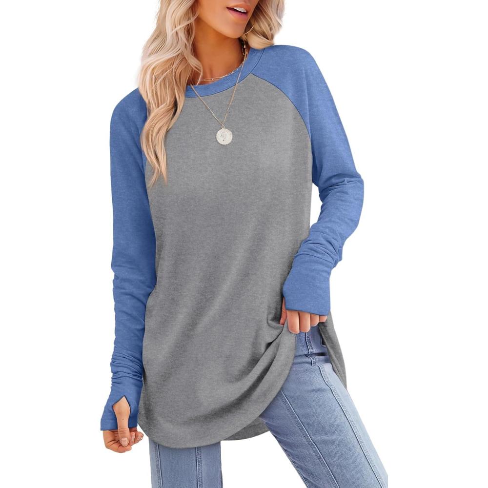 imageXIEERDUO Womens Tunic Tops to Wear with Leggings Long Sleeve Thumb Hole Shirts Crew Neck Curved HemRgreybluecolorblock
