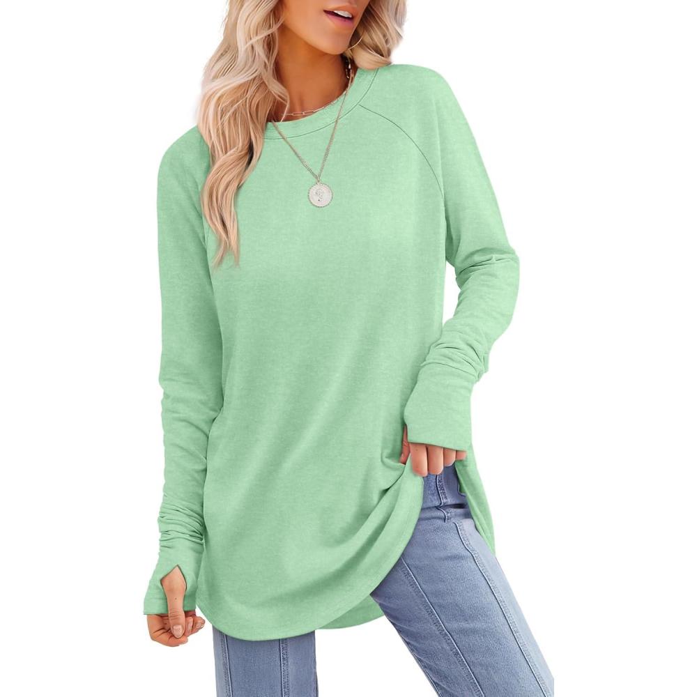 imageXIEERDUO Womens Tunic Tops to Wear with Leggings Long Sleeve Thumb Hole Shirts Crew Neck Curved HemRlightgreen