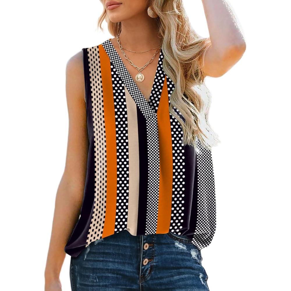 imageXIEERDUO Womens V Neck Chiffon Tank Top Sleeveless Work Office Pleated Blouses Tops02astripe Print