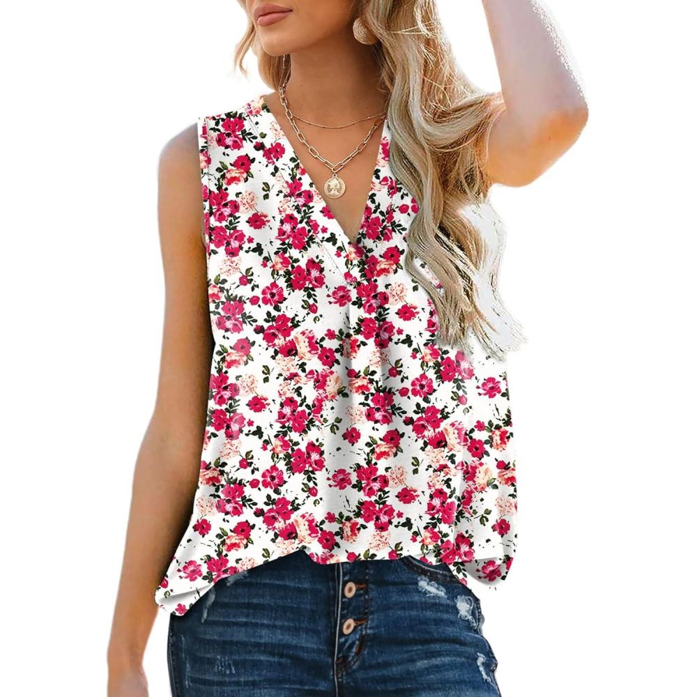 imageXIEERDUO Womens V Neck Chiffon Tank Top Sleeveless Work Office Pleated Blouses Tops03mred Flower