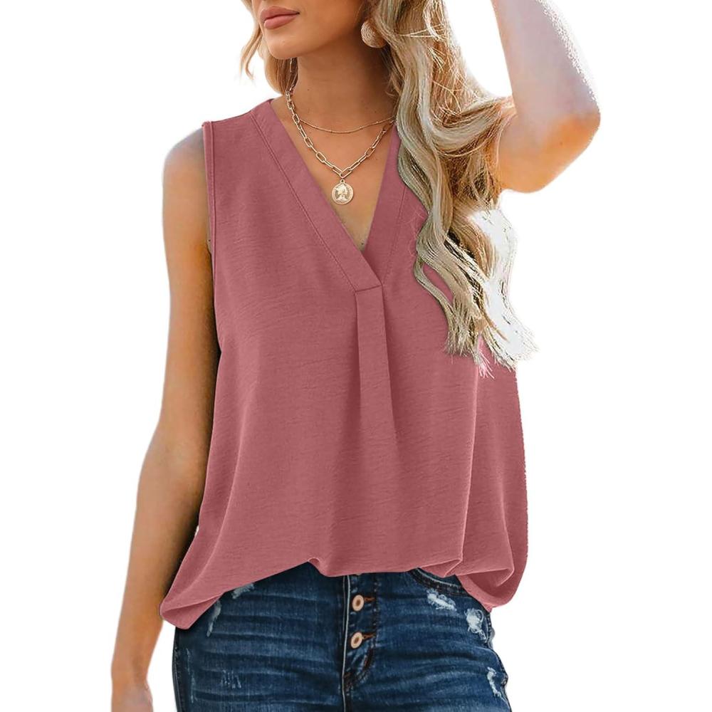 imageXIEERDUO Womens V Neck Chiffon Tank Top Sleeveless Work Office Pleated Blouses Tops03pink